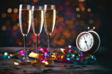 Wall Mural - glasses with champagne and clock on table with Christmas decorations. new year eve, generative AI