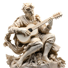Bard, Musician Playing On Acoustig Guitar. Ancient Marble Greek Sculpture. Transparent Or White Background, Png. Ai Generated