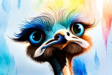 Color Art Image Closeup Of The Ostrich Head With Elegant Eyes , By Generative AI Technology