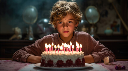 Happy caucasian boy celebrating his birthday with huge tasty cake with candles. Created with Generative AI technology.