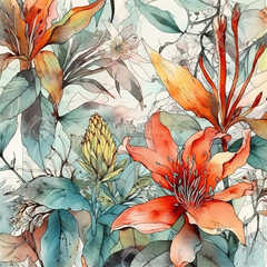  Beautiful vintage background with flowers, exotic plants, butterflies. Floral print