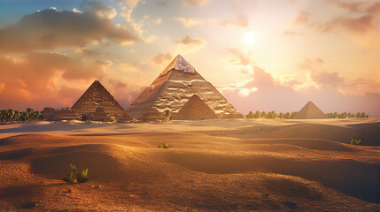 Wall Mural - Egyptian pyramids at sunset and dramatic sky 