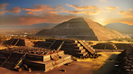 beautiful mayan pyramid complex at sunset with dramatic sky