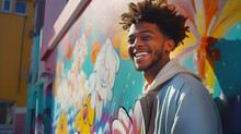 Young Black Man Street Artist Portrait. Handsome Man Leans Against Of Wall With Paintings And Smile. 