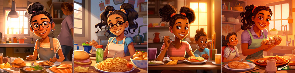 Cartoon character design of a joyful girl with brown skin and two ponytails Mom character design with straight hair Illustration of two characters having lunch together in the kitchen