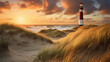 Showcasing the serene and picturesque beach scene on the island of Sylt, Germany, capturing the pristine white sand, rolling waves of the North Sea, and a majestic lighthouse	

