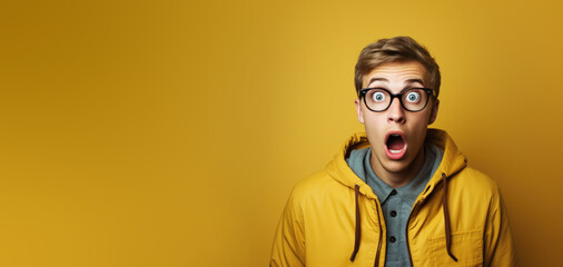 What just happened. Portrait of a shocked young man wears glasses on colour background.