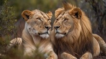 Beautiful Couple Of Lion. Lion In The African Savanna. Beautiful Lions In The Golden Savanna. Beautiful Lioness. Lion In Savanna. Ai Generated Art. Made With Generative AI.
