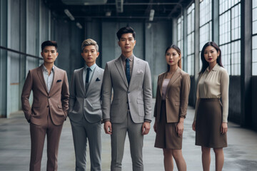 Confident Asian businesspeople in powerful poses, donning business suits, symbolizing a dynamic corporate team. Captivating unity and professionalism. generative AI.