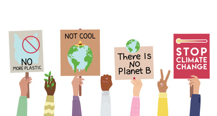 Protest strike against climate change and global warming. Set of human hands with eco banners, placards. Save the planet, stop climate change, no plastic concept. Hand drawn vector illustration