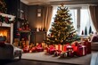 Happy Christmas tree with presents and gifts around