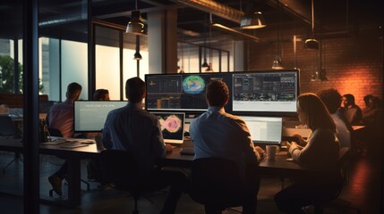 A scene showcasing a team of software developers coding, collaborating, and testing applications in a modern development environment	
