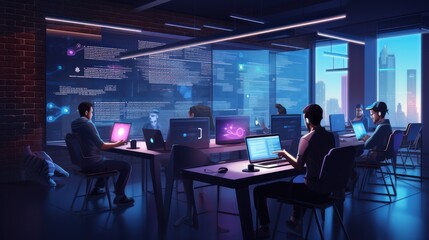 A scene showcasing a team of software developers coding, collaborating, and testing applications in a modern development environment	
