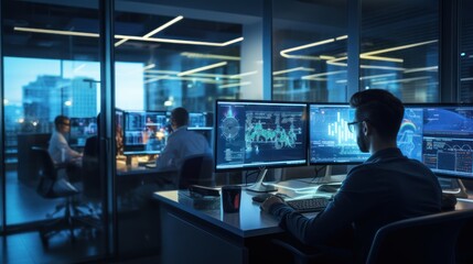 A scene showcasing a team of software developers coding, collaborating, and testing applications in a modern development environment	
