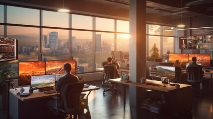 A scene showcasing a team of software developers coding, collaborating, and testing applications in a modern development environment	
