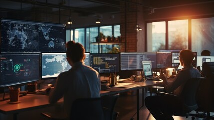 A scene showcasing a team of software developers coding, collaborating, and testing applications in a modern development environment	
