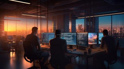 A scene showcasing a team of software developers coding, collaborating, and testing applications in a modern development environment	
