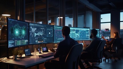 A scene showcasing a team of software developers coding, collaborating, and testing applications in a modern development environment	
