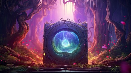 Wall Mural - ethereal glowing cube with a colorful portal to another dimension, illustration