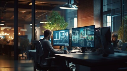 A scene showcasing a team of software developers coding, collaborating, and testing applications in a modern development environment	
