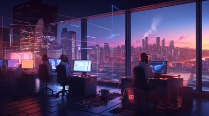 A scene showcasing a team of software developers coding, collaborating, and testing applications in a modern development environment	
