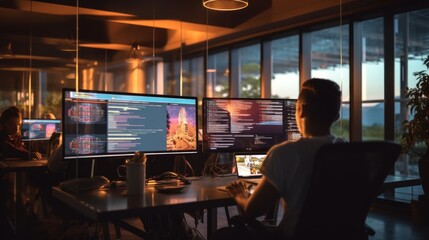 A scene showcasing a team of software developers coding, collaborating, and testing applications in a modern development environment	
