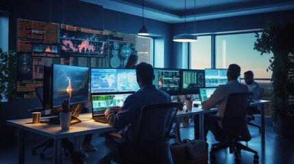 A scene showcasing a team of software developers coding, collaborating, and testing applications in a modern development environment	
