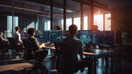 A scene showcasing a team of software developers coding, collaborating, and testing applications in a modern development environment	
