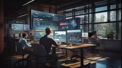A scene showcasing a team of software developers coding, collaborating, and testing applications in a modern development environment	
