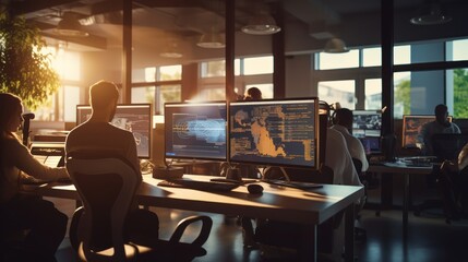 A scene showcasing a team of software developers coding, collaborating, and testing applications in a modern development environment	
