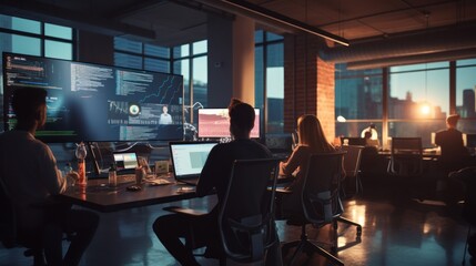 A scene showcasing a team of software developers coding, collaborating, and testing applications in a modern development environment	
