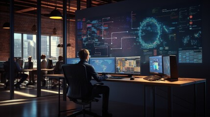 A scene showcasing a team of software developers coding, collaborating, and testing applications in a modern development environment	
