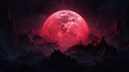 Wall Mural - red and pink glowing fantasy moon illuminating a deserted alien landscape