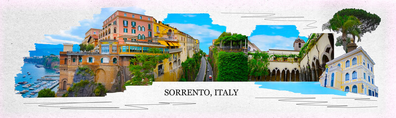 Wall Mural - Welcome to Sorrento concept image. Panoramic collage of cliff coastline Sorrento and Gulf of Naples, Italy.