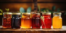 AI Generated. AI Generative. Honey Gar Bottles Containes On Kitchen. Sweet Dessert Organic Sugar Food On Kitchen Mock Up Decoration Background. Graphic Art