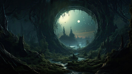 Wall Mural - abstract night forest scenery with a fantasy portal