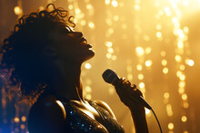 Beautiful African American Female Singer Sings On Stage In Golden Bokeh Lights. Generative AI Illustration