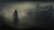 Leinwandbild Motiv Frightening ghost in a cloak with a hood against the backdrop of a lonely ruined house in the fog. Abandoned haunted house scene as concept for spooky Halloween. Generative AI illustration for design.