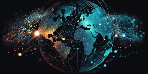 Big data, Internet, and tech illustrate a global social concept of network connections and communication.