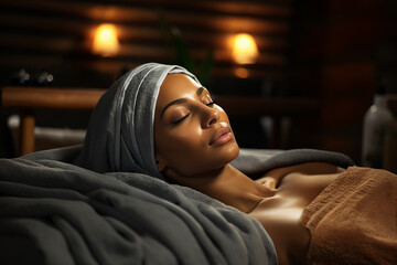 Calm serene young woman in spa bathrobe and towel relaxing after taking treatment with her eyes closed at spa. Beauty treatment concept. Body skin and hair care. Generated ai.