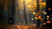 Autumn Leaves In The Forest With Sun Rays And Bokeh. Generative AI.