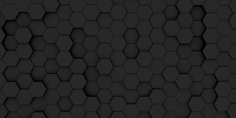 Luxury hexagonal abstract black metal background. Dark 3d geometric texture illustration. Grid pattern. Pure black horizontal banner wallpaper. Carbon elegant.