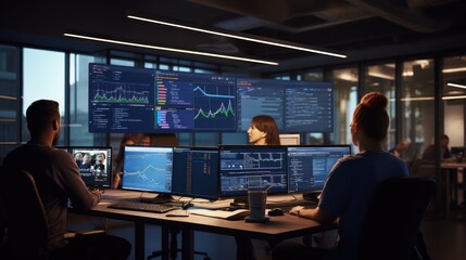 A scene showcasing a team of software developers coding, collaborating, and testing applications in a modern development environment