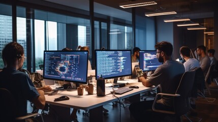A scene showcasing a team of software developers coding, collaborating, and testing applications in a modern development environment
