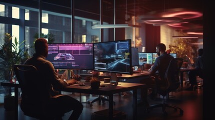 A scene showcasing a team of software developers coding, collaborating, and testing applications in a modern development environment