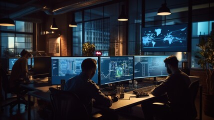 A scene showcasing a team of software developers coding, collaborating, and testing applications in a modern development environment