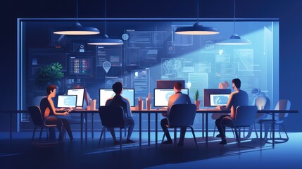 A scene showcasing a team of software developers coding, collaborating, and testing applications in a modern development environment
