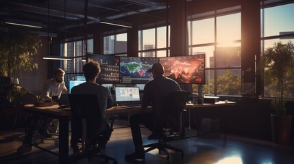 A scene showcasing a team of software developers coding, collaborating, and testing applications in a modern development environment