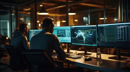 A scene showcasing a team of software developers coding, collaborating, and testing applications in a modern development environment