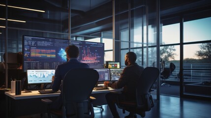 A scene showcasing a team of software developers coding, collaborating, and testing applications in a modern development environment